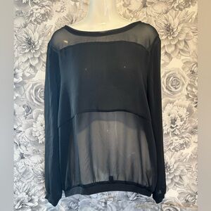 Metaphor Black Sheer Chiffon Blouse Long Sleeve Lace Trim Size L